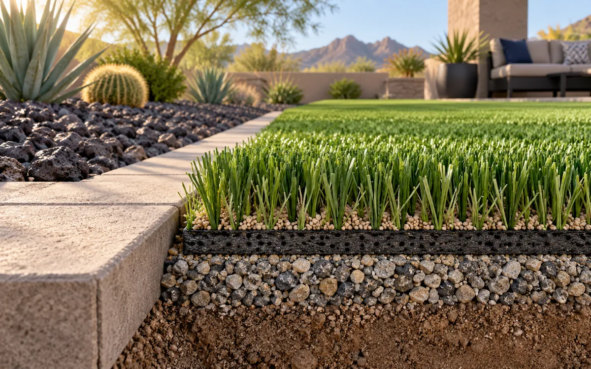 Illustrated cutaway of turf fibers, infill, backing, and aggregate base beside dark landscape rock and pavers