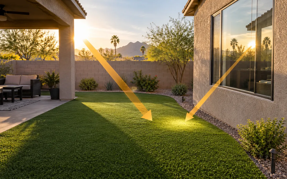 Illustration of direct afternoon sunlight and window-reflected sunlight reaching backyard turf beside a shaded patio