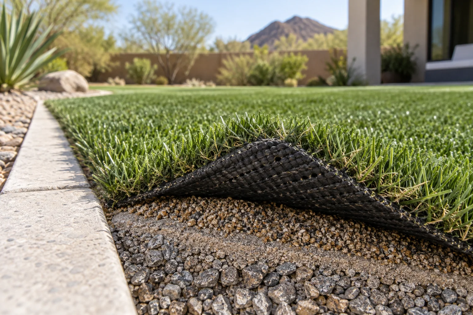 Close view of artificial turf backing, infill, and compacted aggregate base in an Arizona yard