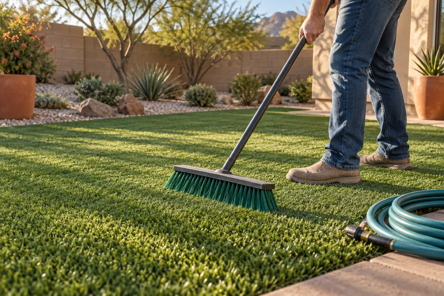 Homeowner brushing artificial turf fibers in a desert-landscaped Arizona backyard