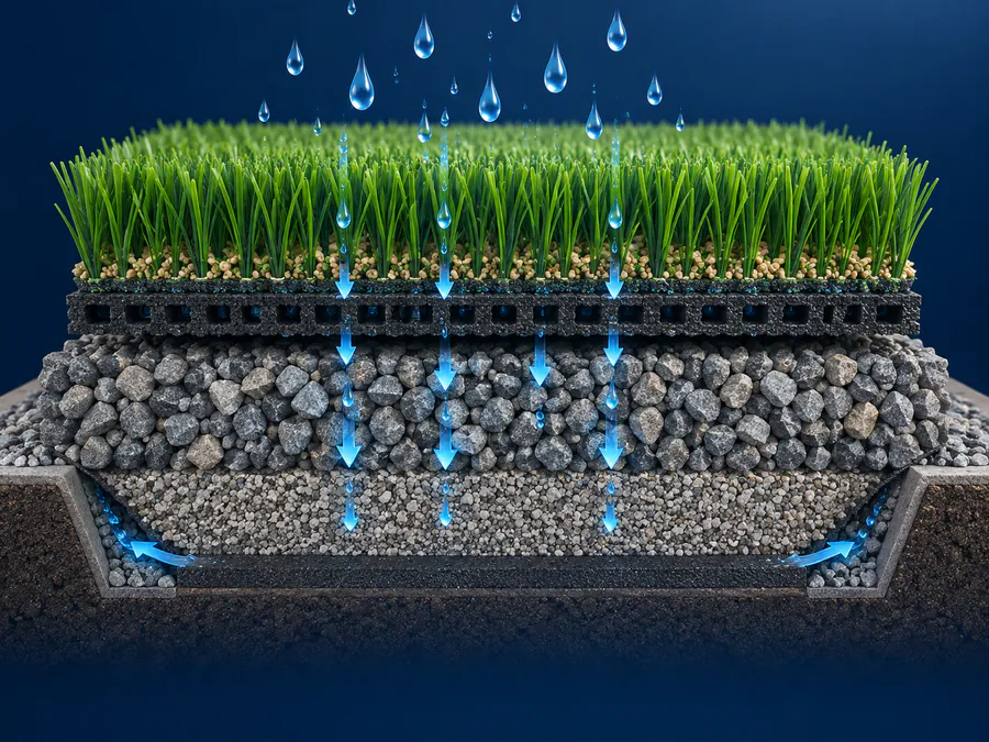 Cutaway infographic showing water draining through artificial turf and compacted aggregate layers