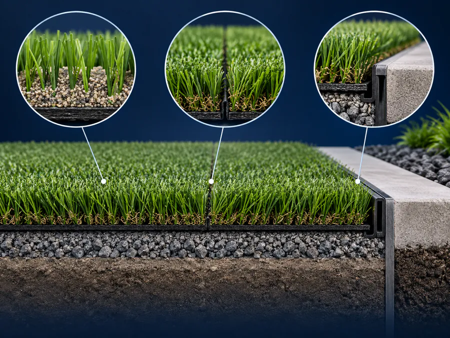 Infographic detailing artificial turf infill, a joined seam, and a secured perimeter edge