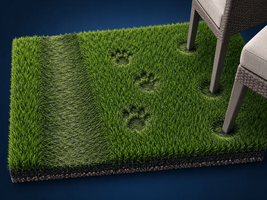 Infographic showing a worn walking lane, dog paw impressions, and furniture pressure on artificial turf