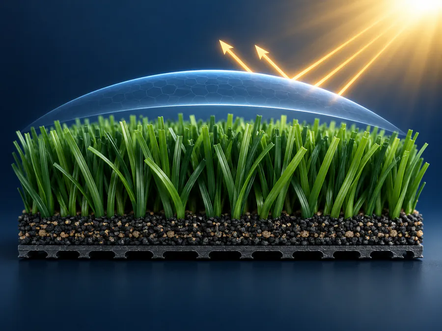 Infographic showing a UV shield protecting artificial turf fibers from direct sunlight