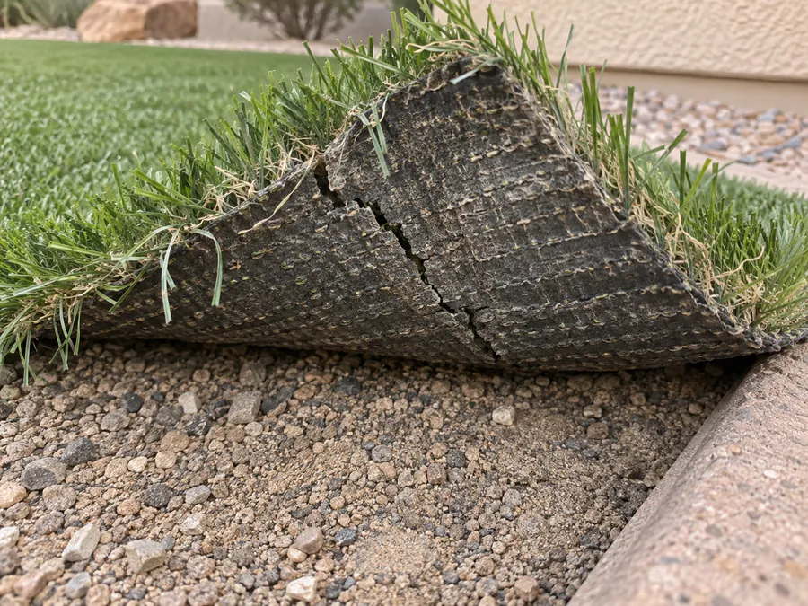 Close-up of cracked and brittle artificial turf backing lifting away from its aggregate base