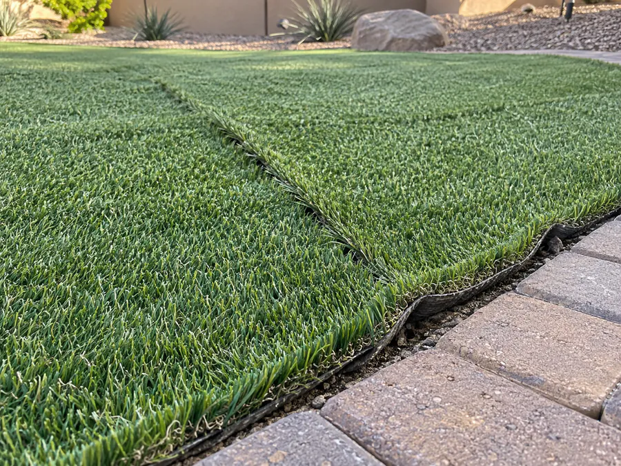 Artificial turf with a separated raised seam and a perimeter edge lifting beside pavers